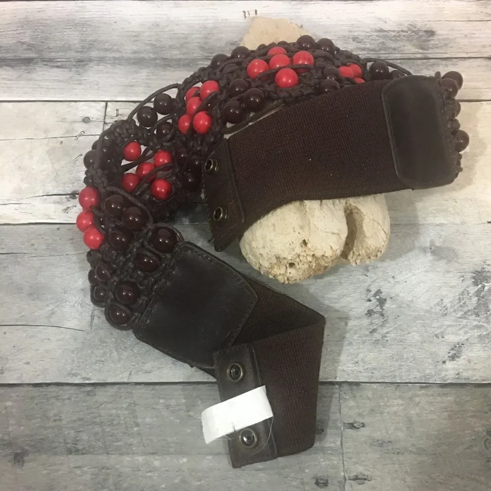 Beaded leather crochet stretch snap belt Medium